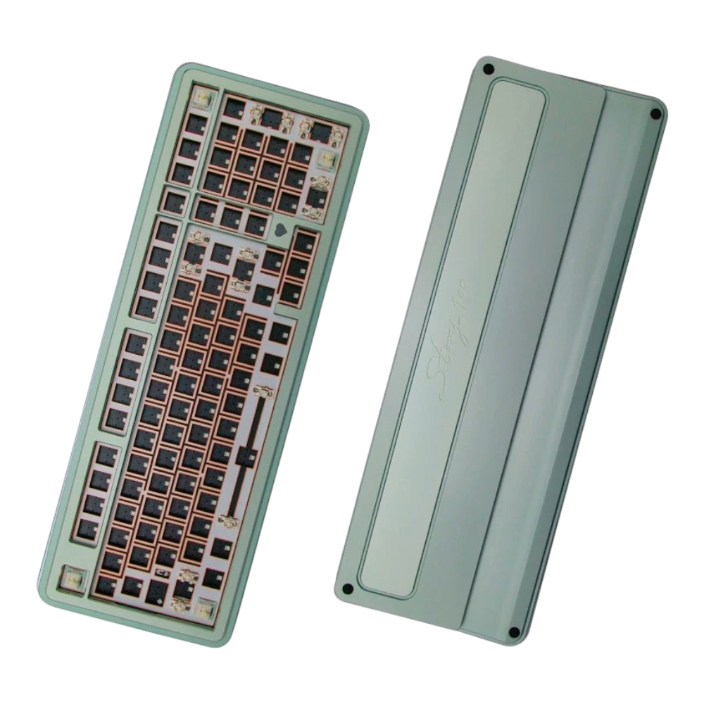 OZO Keyboards Story100 sage green aluminum 100% mechanical keyboard barebone kit showing top and bottom views