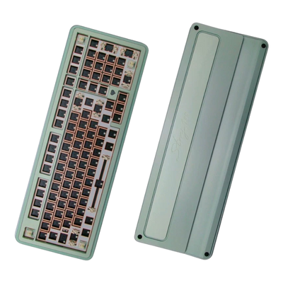 OZO Keyboards Story100 sage green aluminum 100% mechanical keyboard barebone kit showing top and bottom views