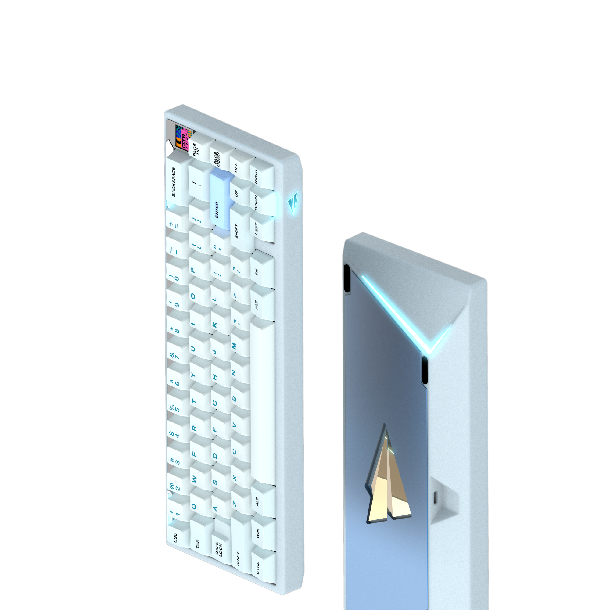 Paper65 mechanical keyboard with keycaps in cloud blue case with matte backweight.
