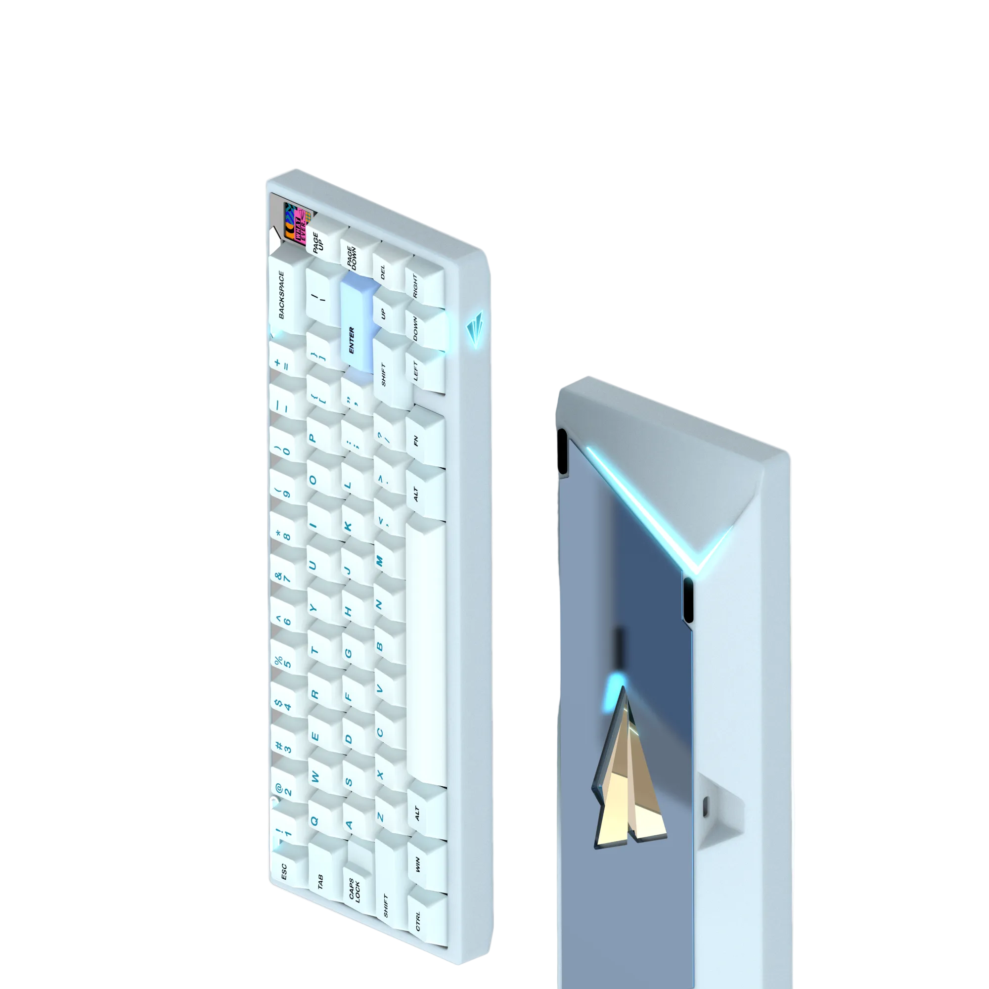 Paper65 mechanical keyboard with keycaps in cloud blue case with mirror PVD backweight.