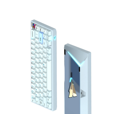 Paper65 mechanical keyboard with keycaps in cloud blue case with mirror PVD backweight.