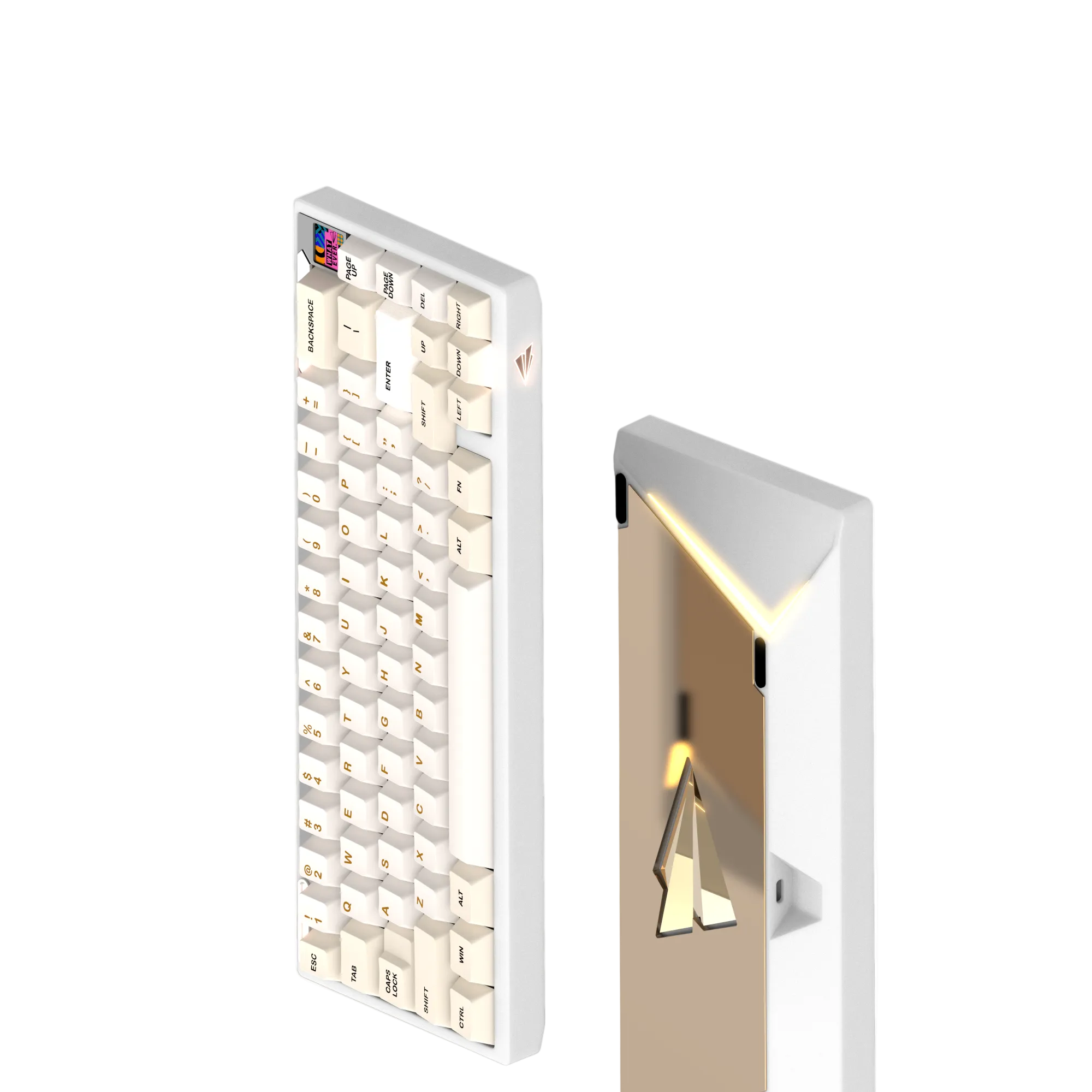 Paper65 mechanical keyboard with keycaps in white case with mirror PVD backweight.