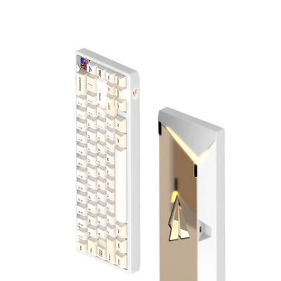 Paper65 mechanical keyboard with keycaps in white case with mirror PVD backweight.