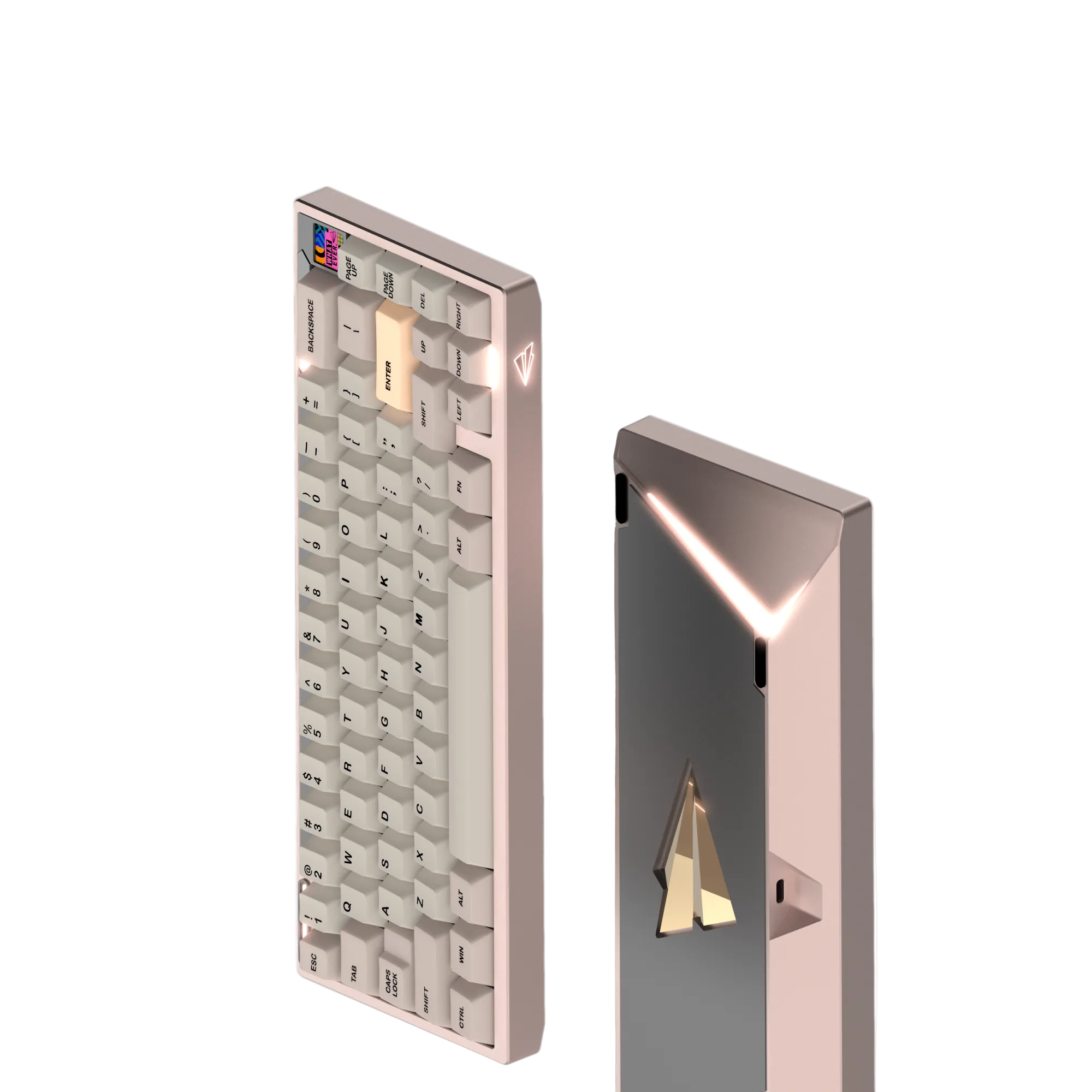 Paper65 mechanical keyboard with keycaps in imperial copper case with matte backweight.