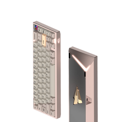 Paper65 mechanical keyboard with keycaps in imperial copper case with matte backweight.