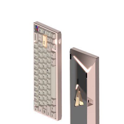Paper65 mechanical keyboard with keycaps in imperial copper case with mirror PVD backweight.