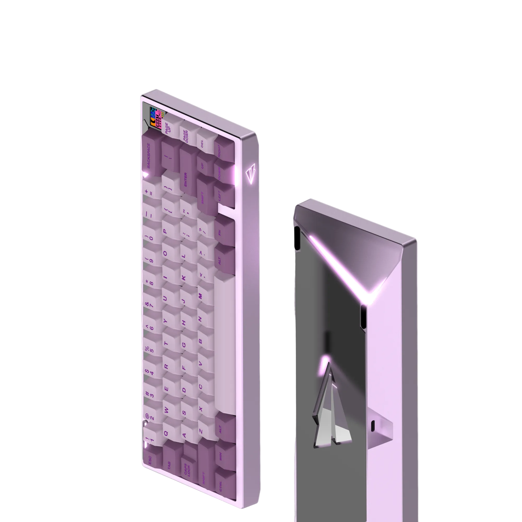 Paper65 mechanical keyboard with keycaps in rogue violet case with mirror PVD backweight.