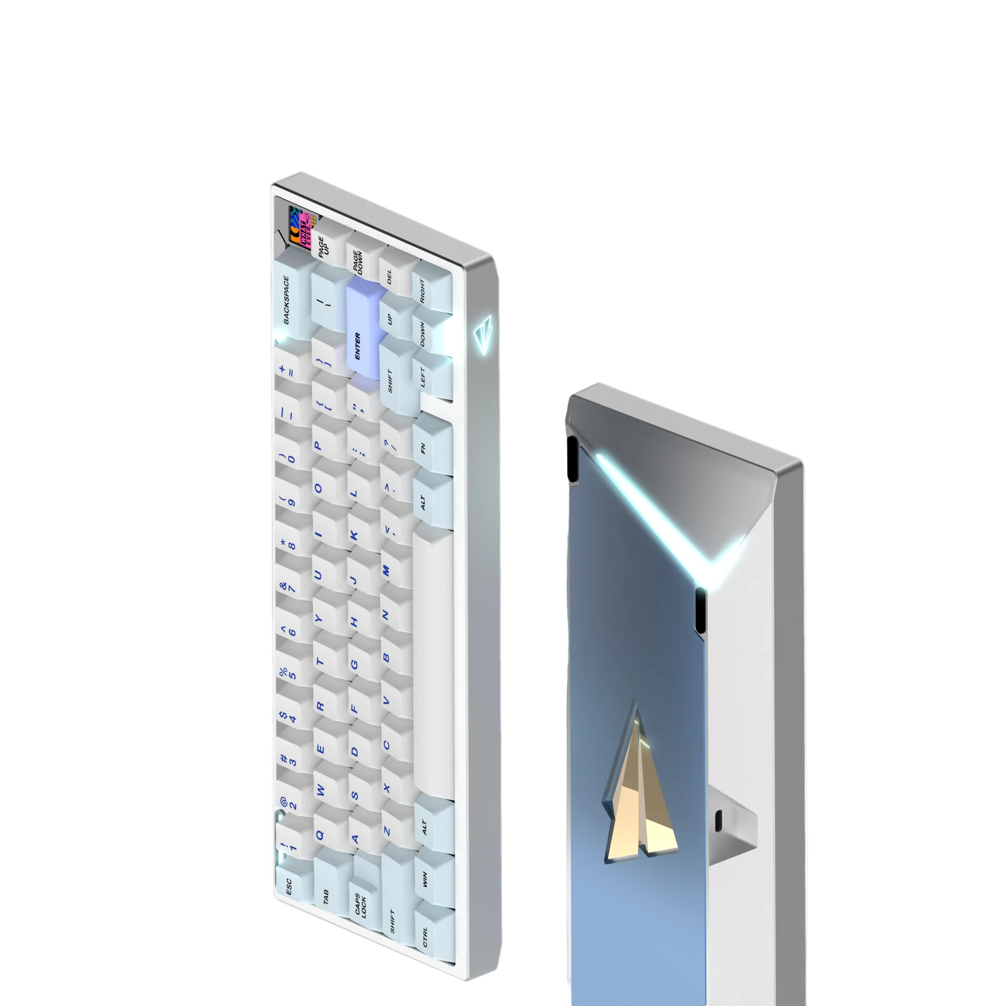 Paper65 mechanical keyboard with keycaps in titan silver case with matte backweight.