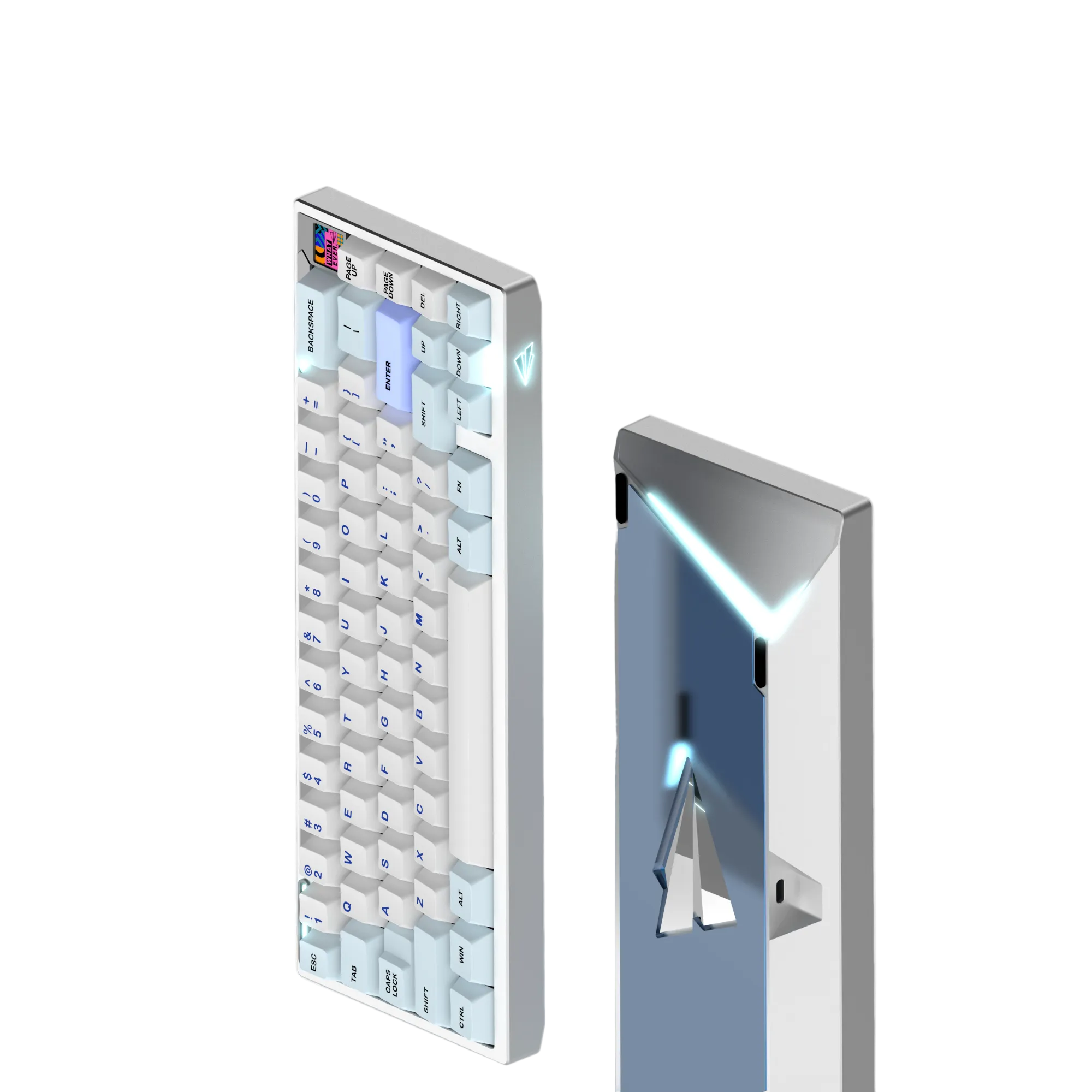 Paper65 mechanical keyboard with keycaps in titan silver case with mirror PVD backweight.