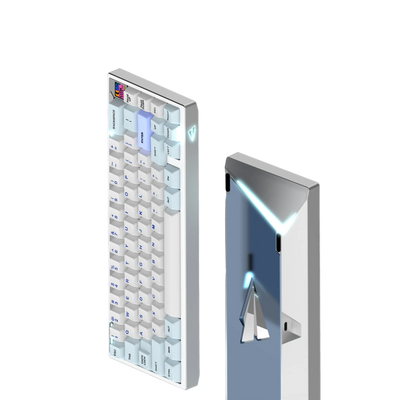 Paper65 mechanical keyboard with keycaps in titan silver case with mirror PVD backweight.