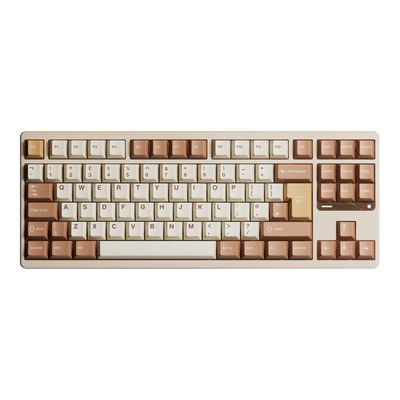 Ticktype Evo80 TKL mechanical keyboard in a two-tone beige and brown colour scheme with an ISO layout.