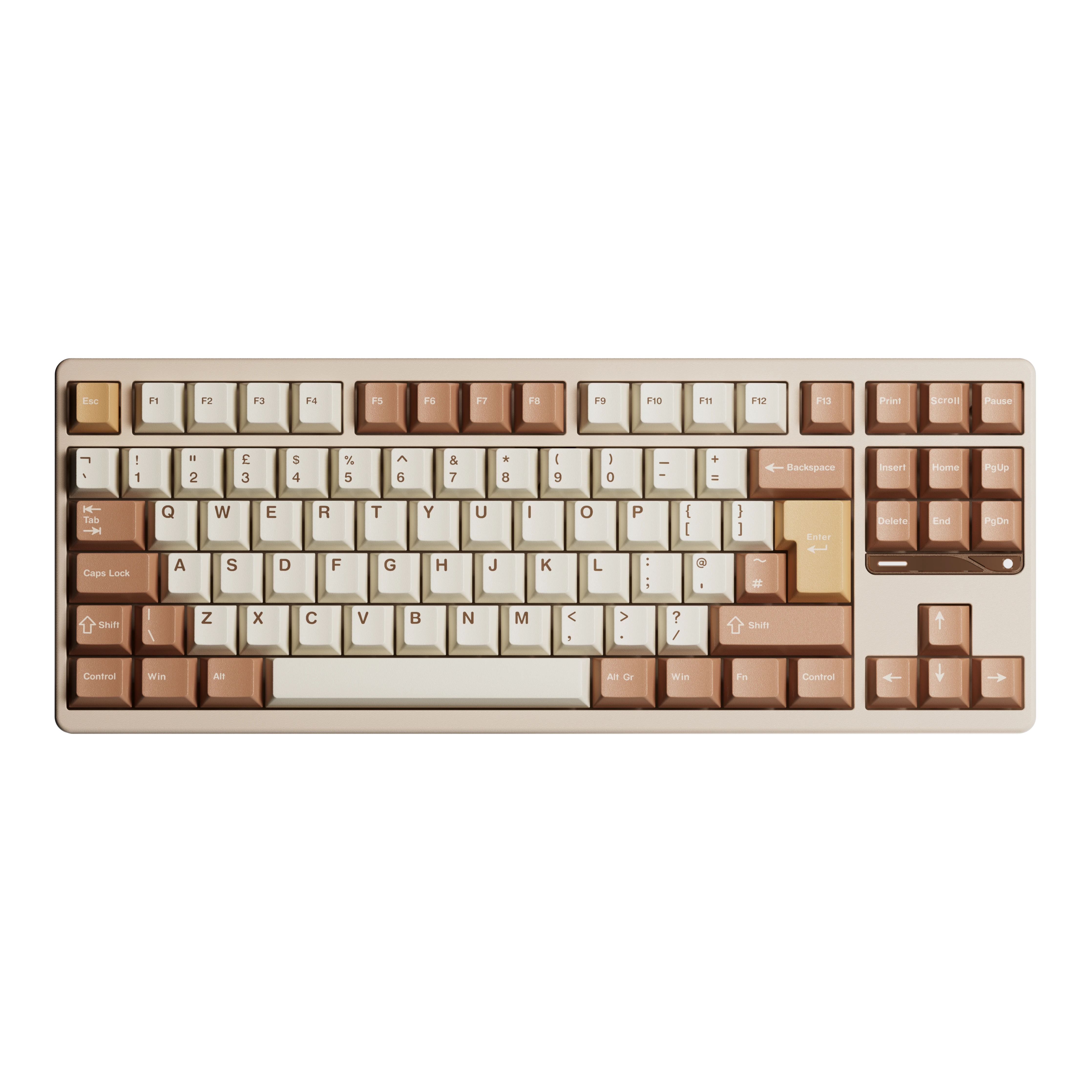 Ticktype Evo80 TKL mechanical keyboard in a two-tone beige and brown colour scheme with an ISO layout.