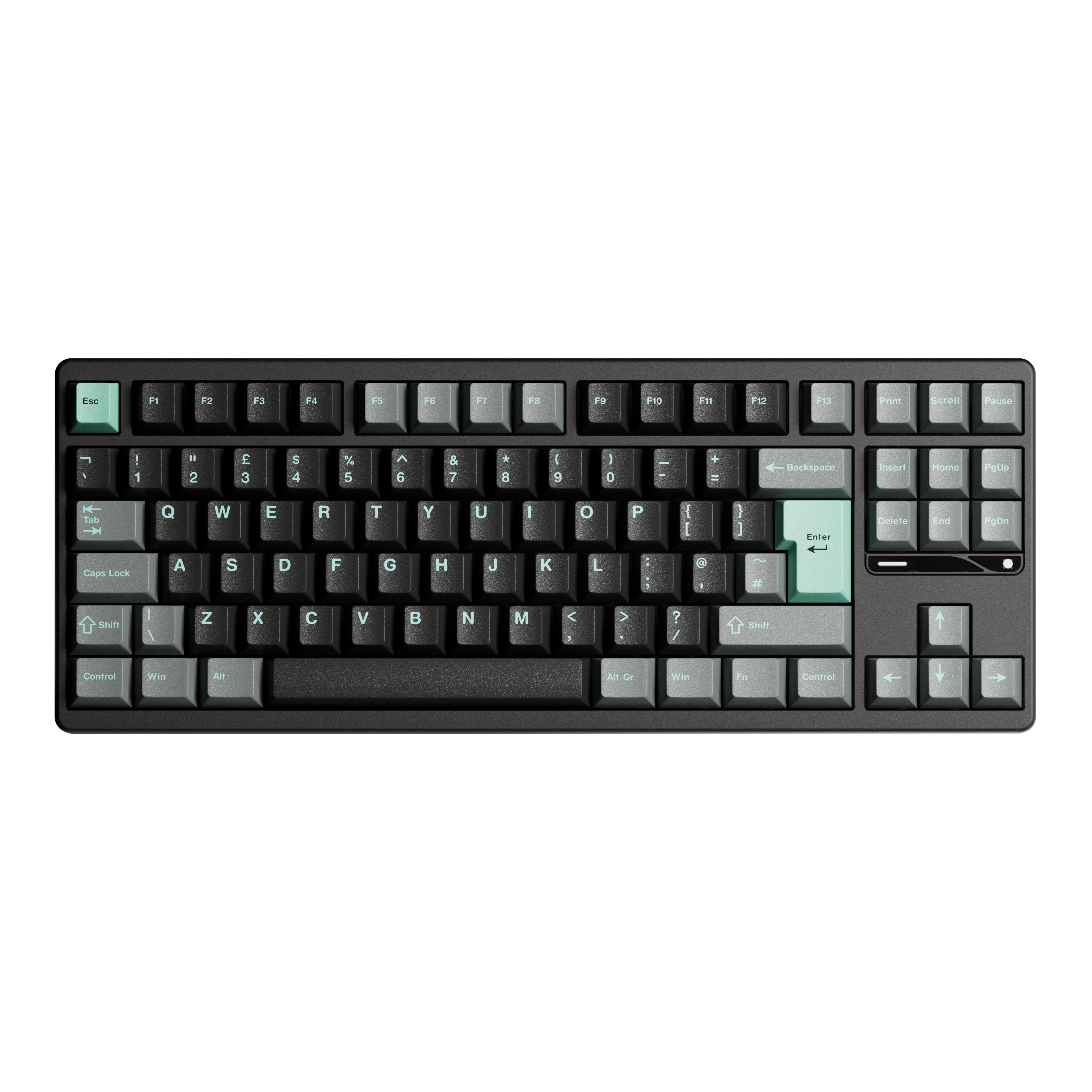 Ticktype Evo80 80% TKL mechanical keyboard in black with teal accent keys and a premium sandblasted finish.
