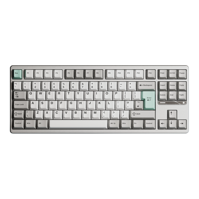 Ticktype Evo80 80% TKL mechanical keyboard with a grey aluminum case and light green accent keys.