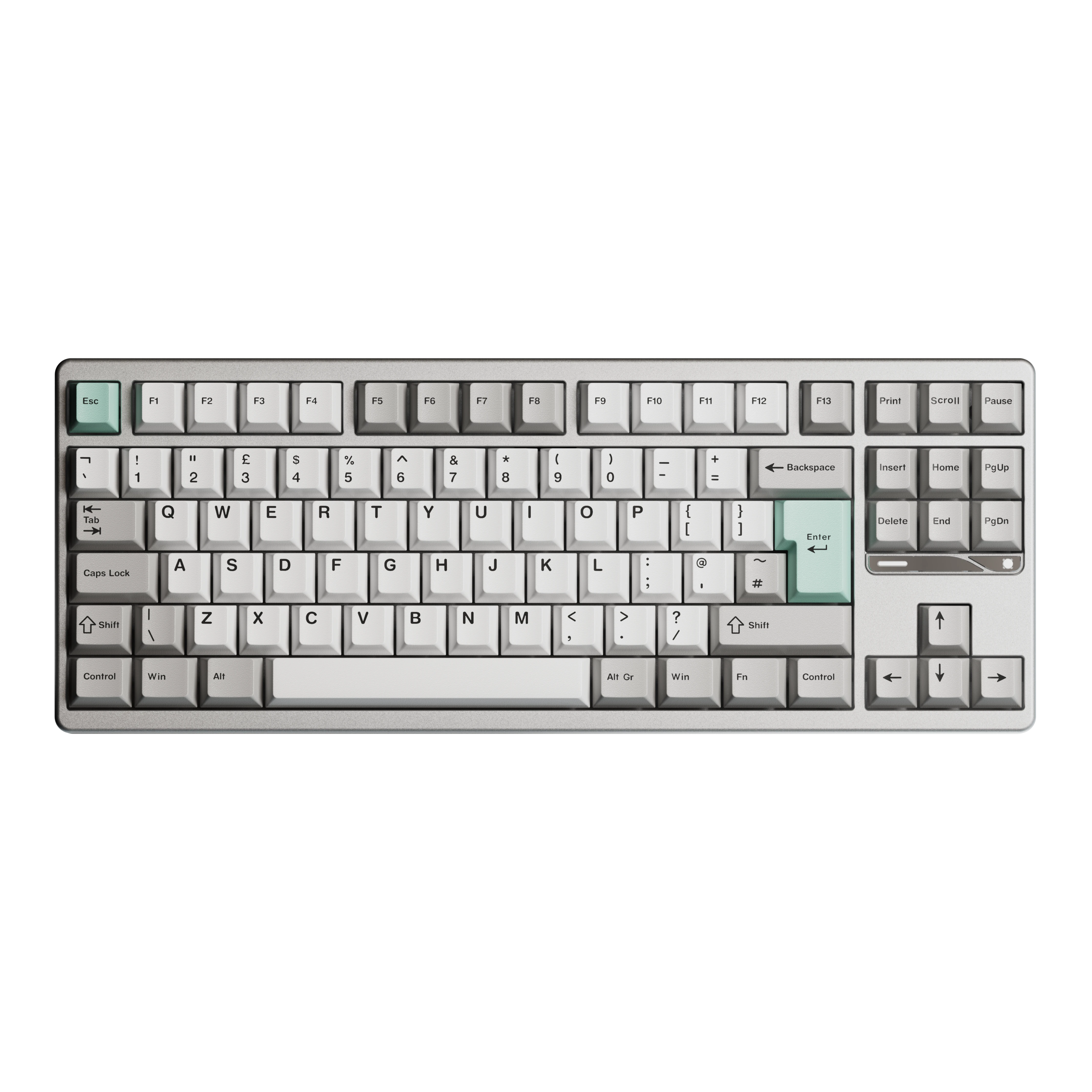 Ticktype Evo80 80% TKL mechanical keyboard with a grey aluminum case and light green accent keys.