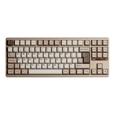 Ticktype Evo80 80% TKL mechanical keyboard in a sleek metallic finish with beige and brown PBT keycaps.