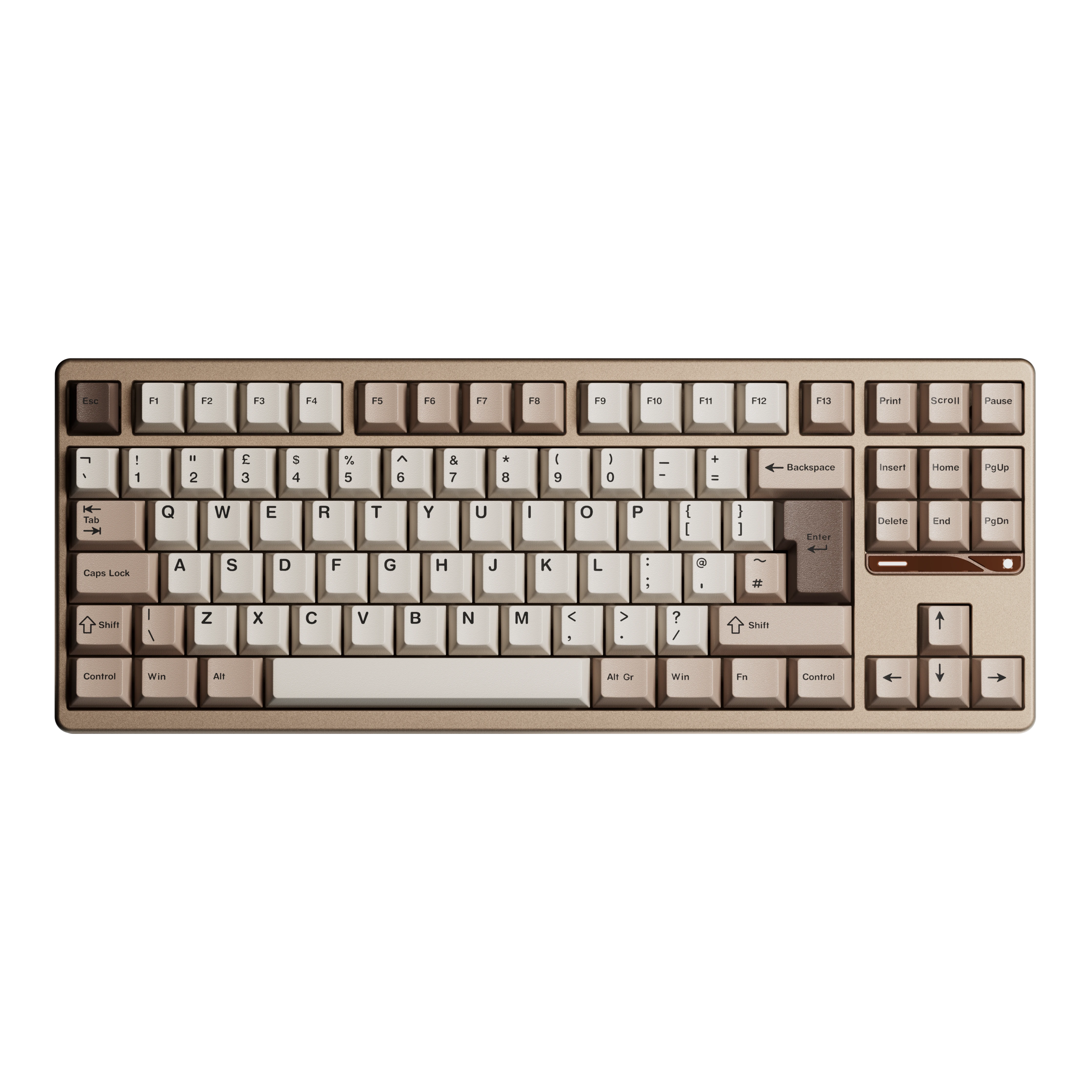 Ticktype Evo80 80% TKL mechanical keyboard in a sleek metallic finish with beige and brown PBT keycaps.