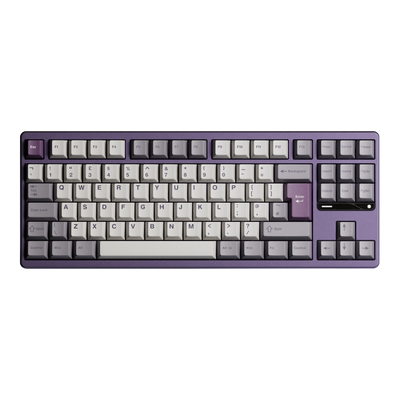 Ticktype Evo80 80% TKL mechanical keyboard with a purple aluminum case and grey PBT keycaps in an ISO layout.