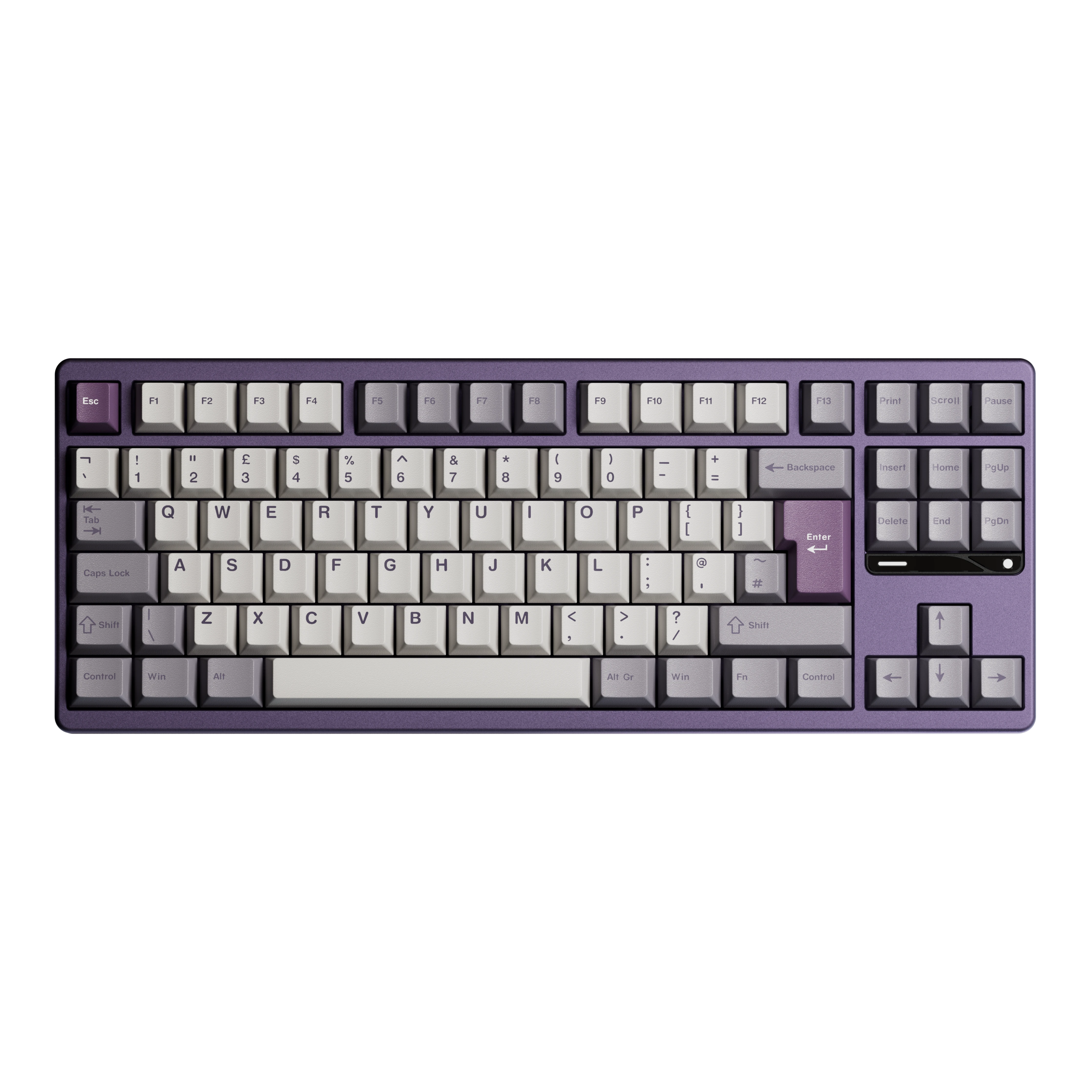 Ticktype Evo80 80% TKL mechanical keyboard with a purple aluminum case and grey PBT keycaps in an ISO layout.