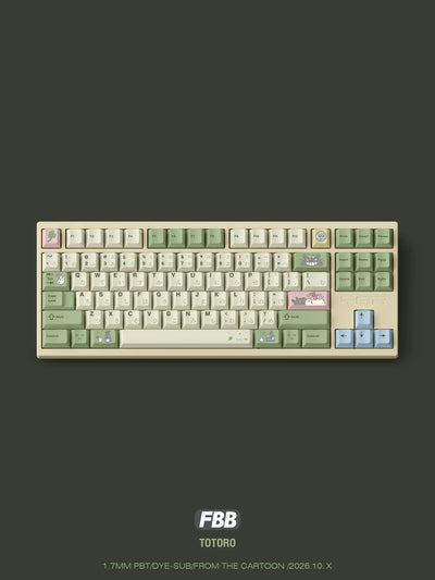 Totoro keycap set on a cream TKL keyboard with Japanese legends and Totoro novelty keycaps, top view