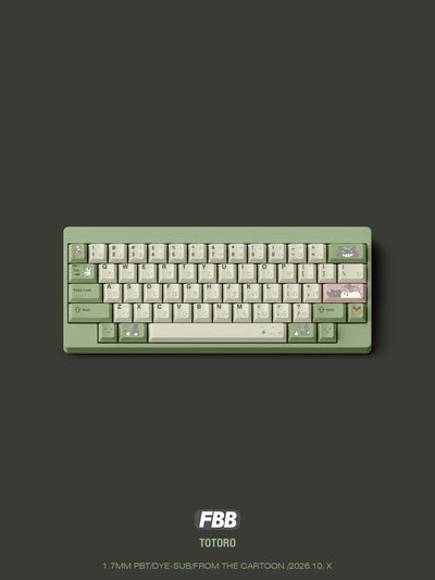 Totoro keycap set on a green 60% keyboard with Japanese hiragana legends, top view