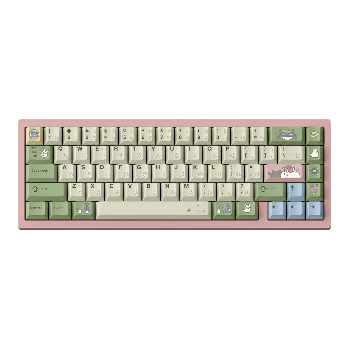 Totoro keycap set with Japanese hiragana legends in green and cream on a pink 65% keyboard, front view