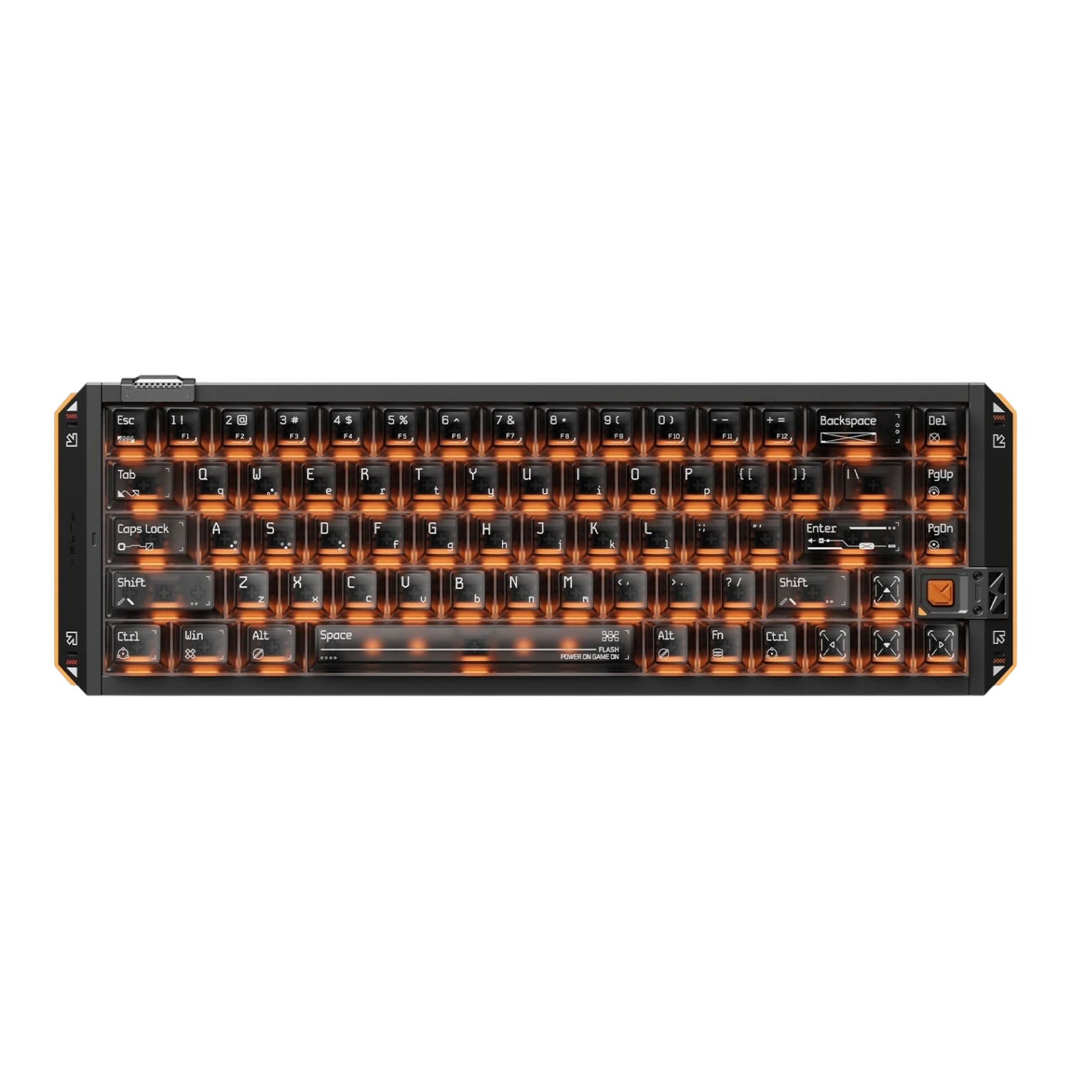VGN FLASH 68HE aluminum mechanical keyboard with transparent keycaps and vibrant orange RGB backlighting.