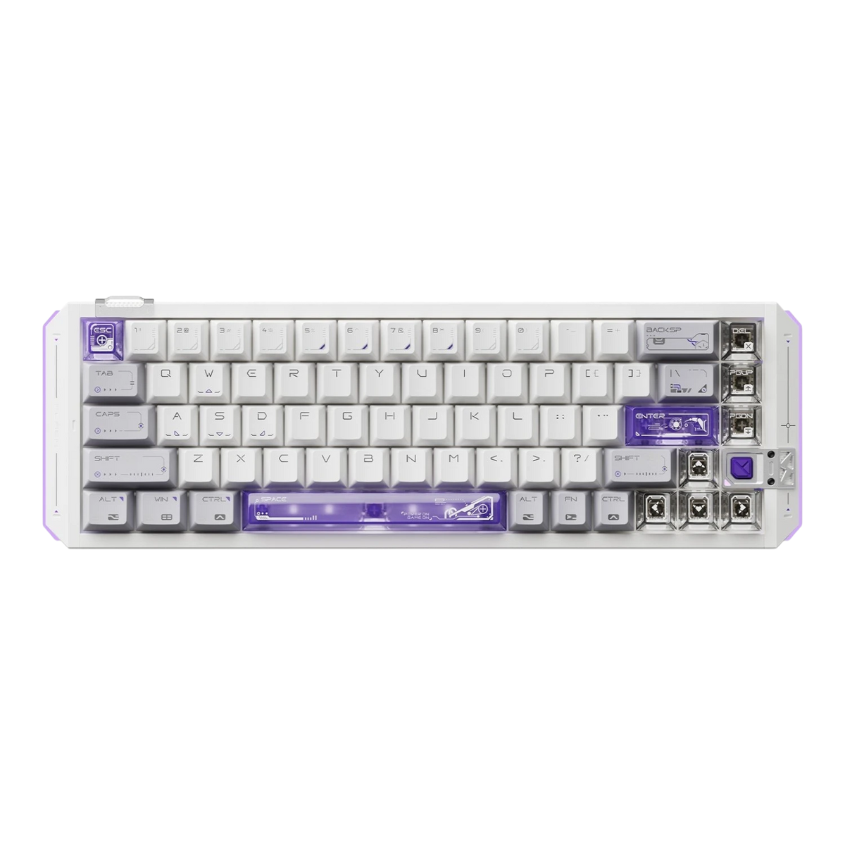 VGN FLASH 68HE aluminum magnetic switch gaming keyboard with white and purple keycaps on a black background