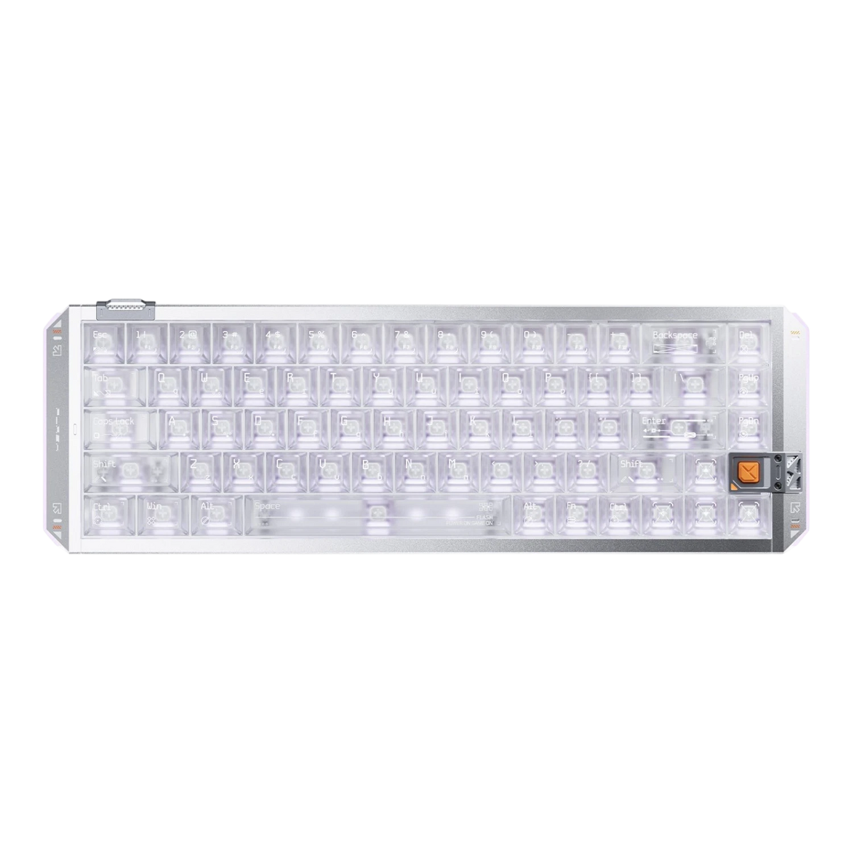 VGN FLASH 68HE aluminum mechanical keyboard with transparent keycaps and RGB lighting on a black background