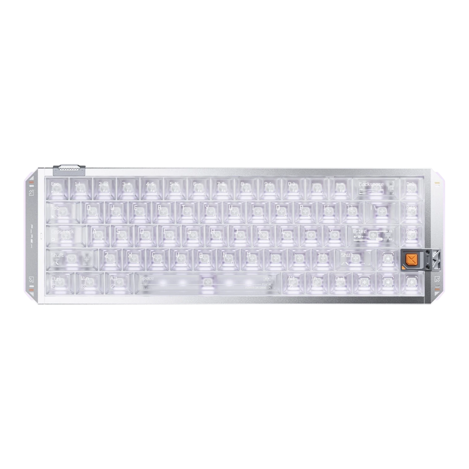 VGN FLASH 68HE aluminum mechanical keyboard with transparent keycaps and RGB lighting on a black background
