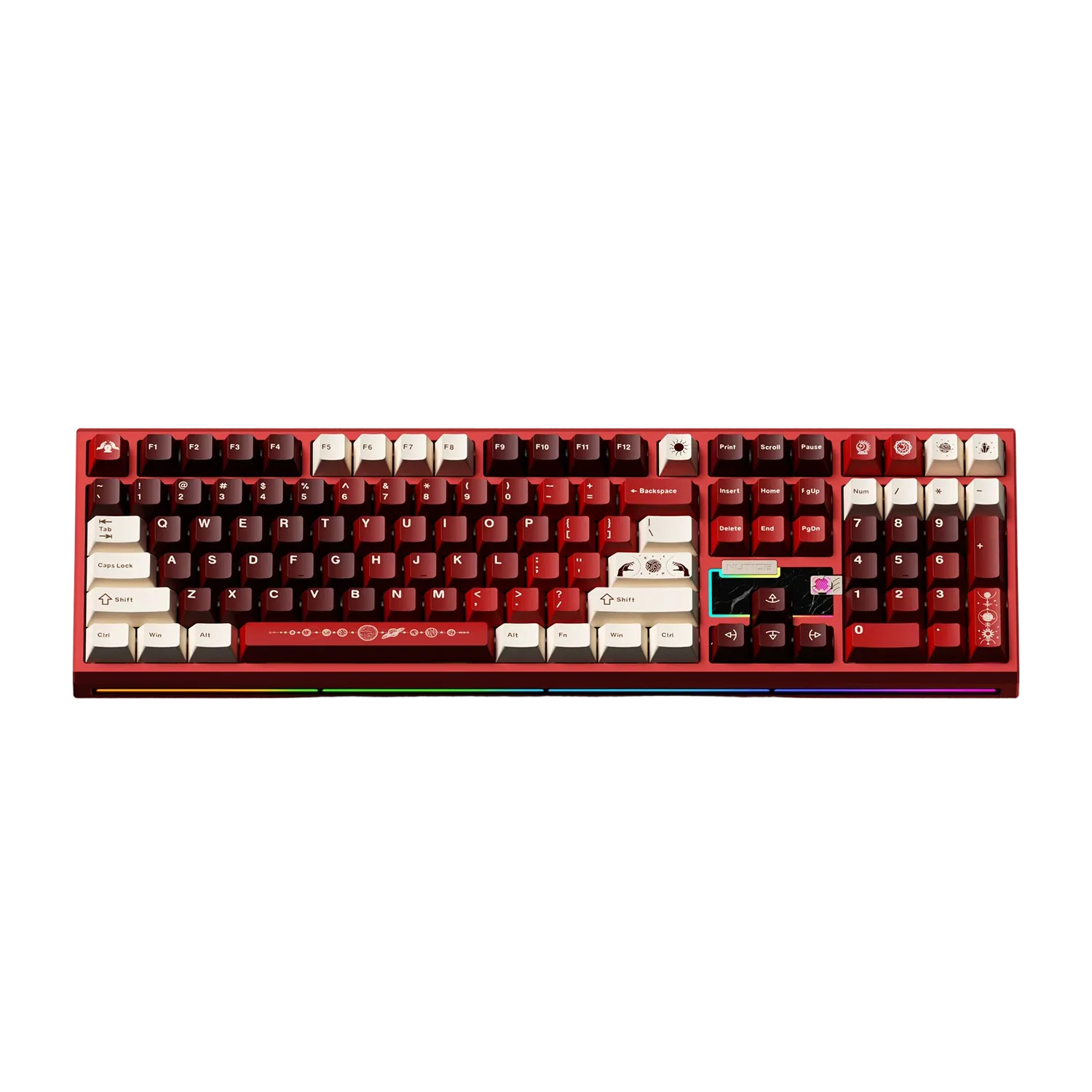 Red and white mechanical keyboard on a light blue background