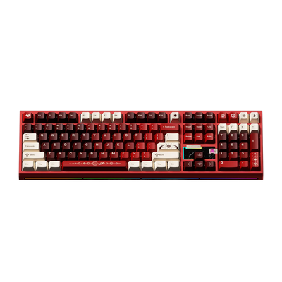 Red and white mechanical keyboard on a light blue background