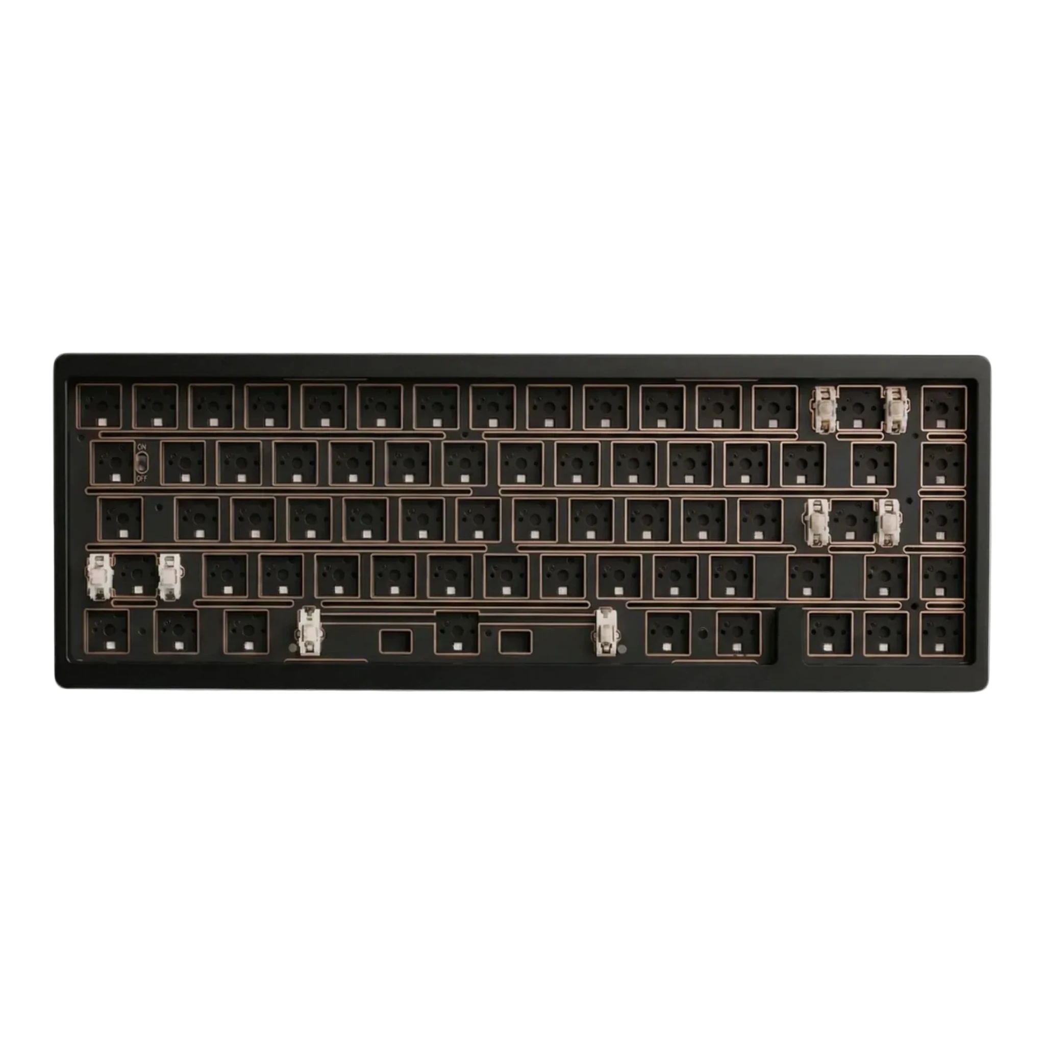 Black mechanical keyboard frame with keycaps on a white background