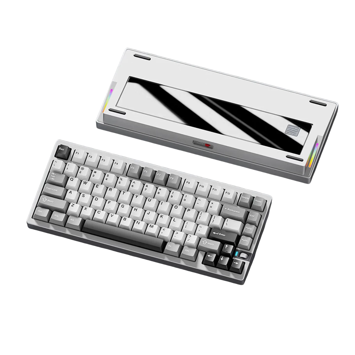 Weikav NUT75 75% mechanical keyboard with silver aluminum case, grey PBT keycaps, and glass back plate.