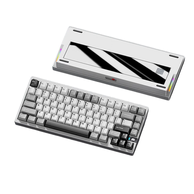 Weikav NUT75 75% mechanical keyboard with silver aluminum case, grey PBT keycaps, and glass back plate.