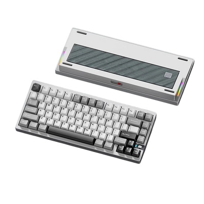 Weikav NUT75 75% mechanical keyboard with white CNC aluminum case, grey PBT keycaps, and glass back plate.