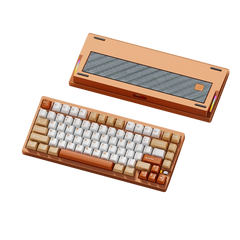 Weikav NUT75 75% aluminum mechanical keyboard with orange case, white and tan keycaps, and glass back plate.