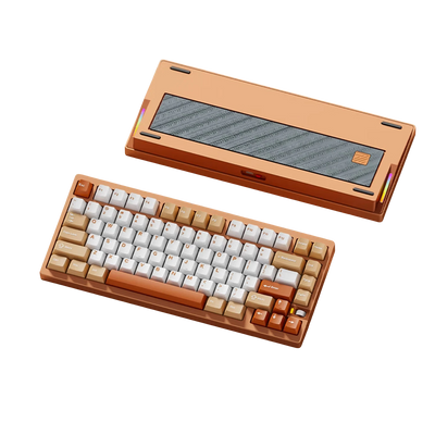 Weikav NUT75 75% aluminum mechanical keyboard with orange case, white and tan keycaps, and glass back plate.