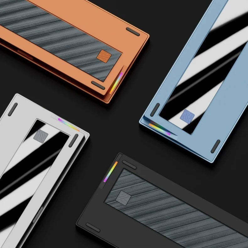 Weikav NUT75 75% mechanical keyboards in orange, blue, white, and black with metal back plates and RGB lighting.