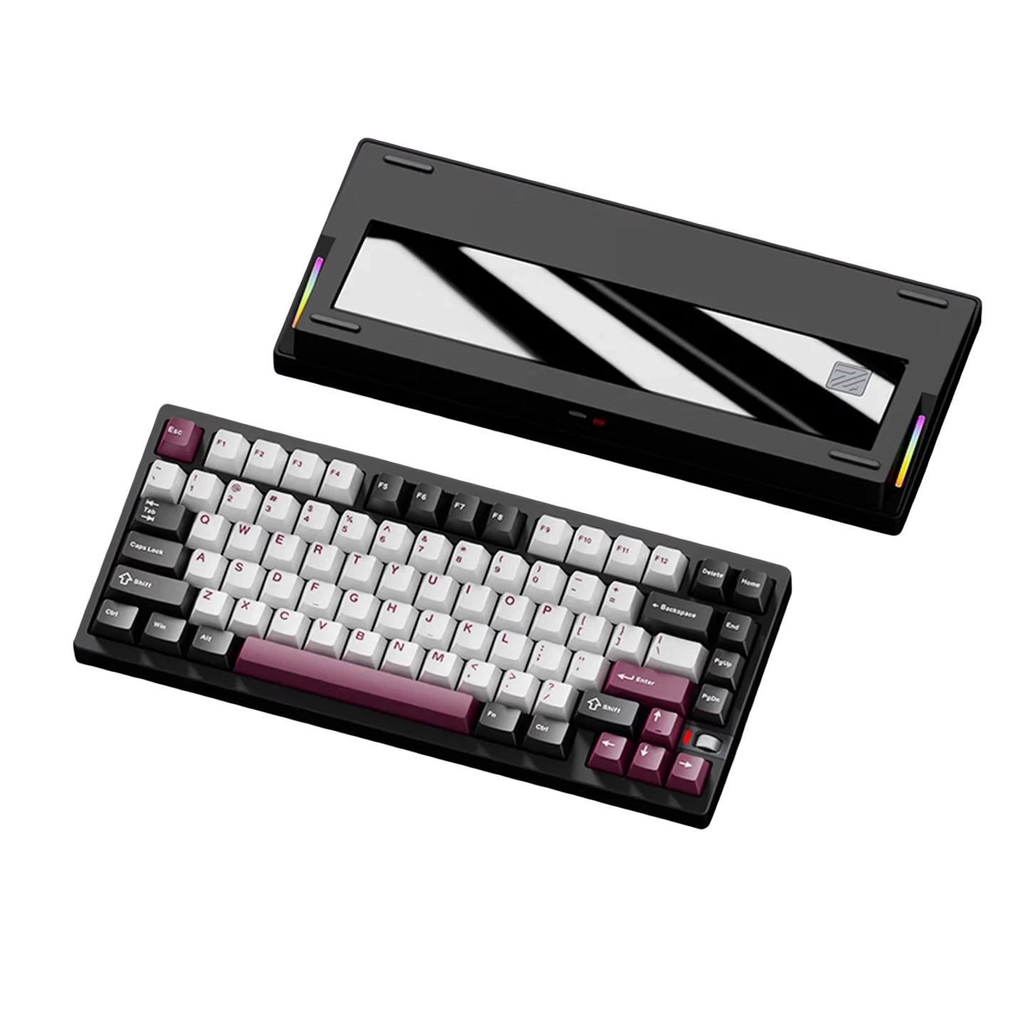 Weikav NUT75 75% mechanical keyboard with black aluminum case, white and purple keycaps, and glass back plate.