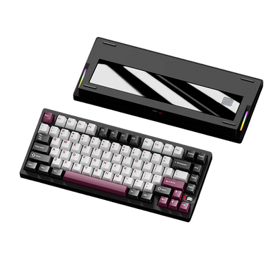 Weikav NUT75 75% mechanical keyboard with black aluminum case, white and purple keycaps, and glass back plate.