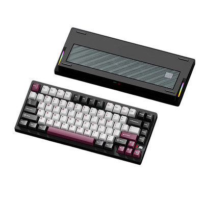 Weikav NUT75 75% mechanical keyboard with black aluminum case, white and purple PBT keycaps, and glass back plate