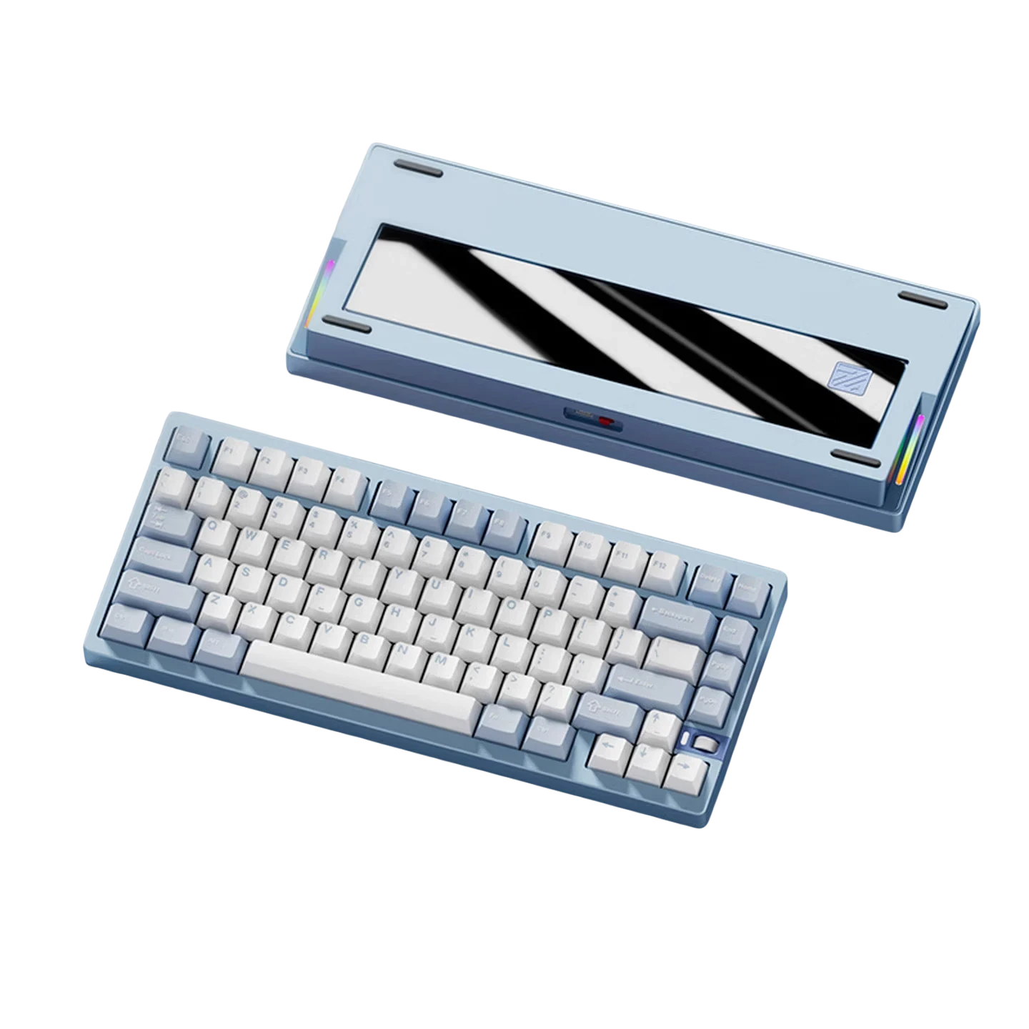 Weikav NUT75 75% mechanical keyboard in light blue with white PBT keycaps and a glass back plate