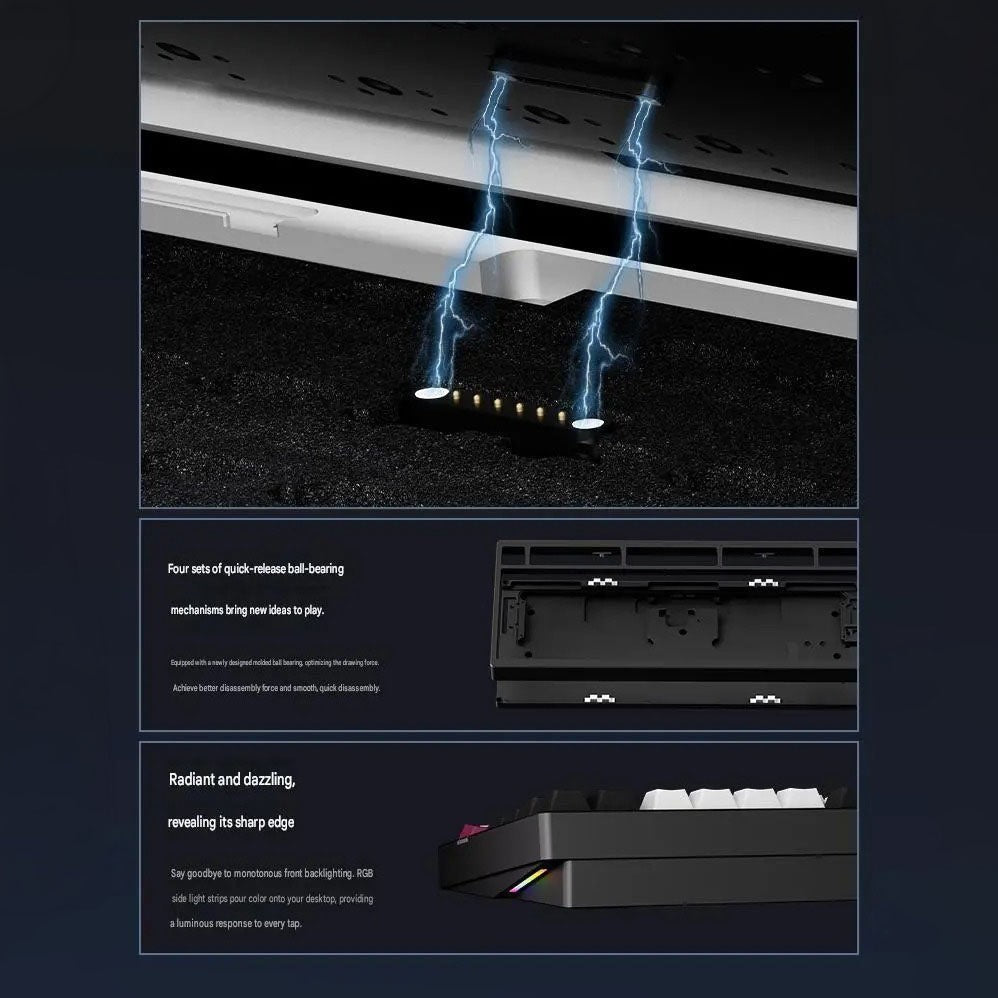 Weikav NUT75 mechanical keyboard showing quick-release ball-bearing mechanism and side RGB lighting strips