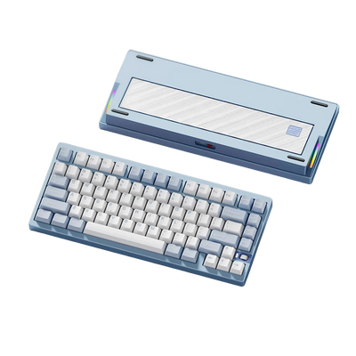 Weikav NUT75 75% light blue aluminum mechanical keyboard with white PBT keycaps and glass back plate