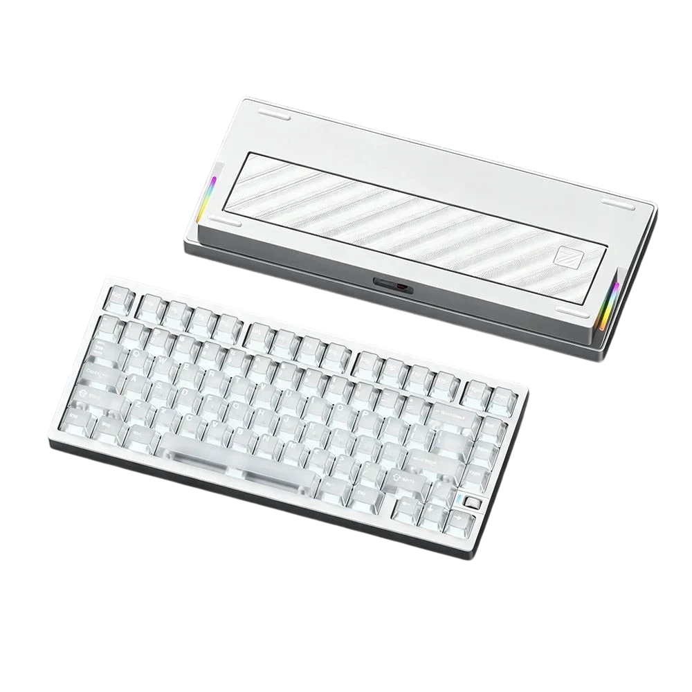 Weikav NUT75 silver 75% mechanical keyboard with white PBT keycaps and a textured metal back plate