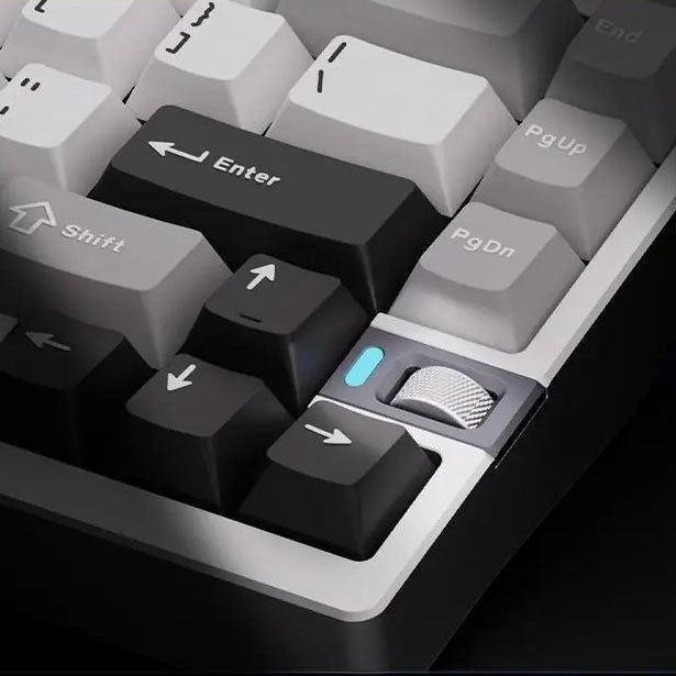 Weikav NUT75 75% mechanical keyboard featuring a metal volume wheel and black and grey PBT keycaps