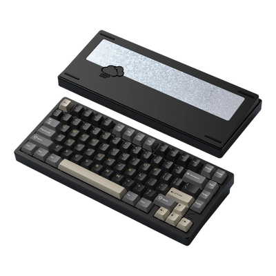 WOBKEY Rainy75 75% aluminum mechanical keyboard in black with grey and beige keycaps and rain cloud weight