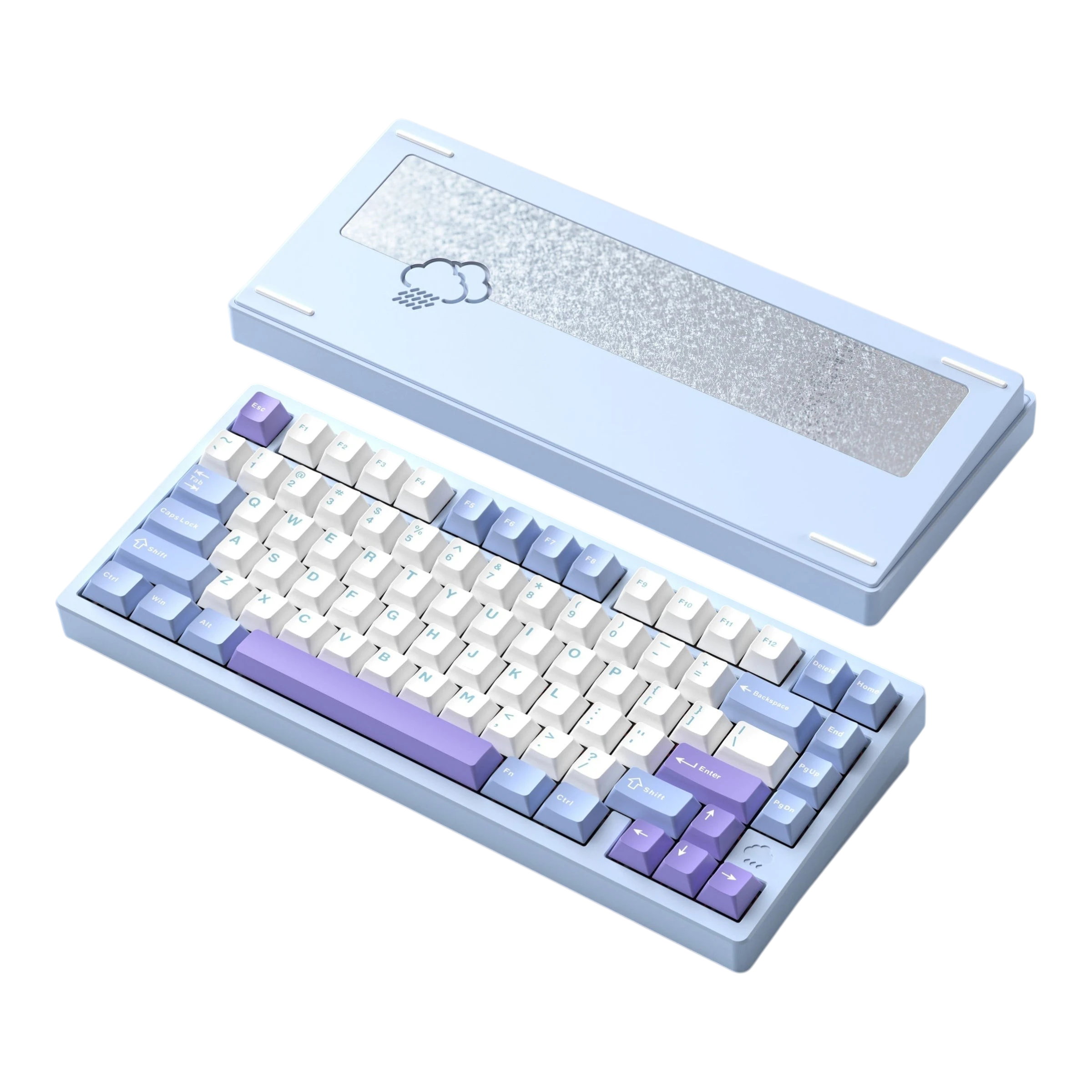 WOBKEY Rainy75 75% aluminum mechanical keyboard in light blue with purple and white PBT keycaps