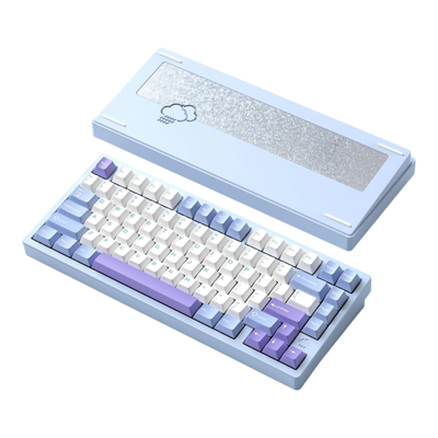 WOBKEY Rainy75 75% aluminum mechanical keyboard in light blue with purple and white PBT keycaps